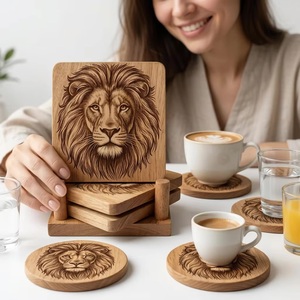 Juego de Posavasos Cuadrados Rústicos de Madera con Diseño de León, Hechos a Mano, 10 cm de Diámetro, Arte con Cuentas - Product Image 4