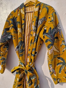 Yellow Jungle Print Velvet Kimono <b>Robe</b> Handmade Tea <b>Coat</b> Velvet Tiger Print Kimono <b>Robe</b>: Handmade Velvet Cotton Blend Nightwear - Product Image 6