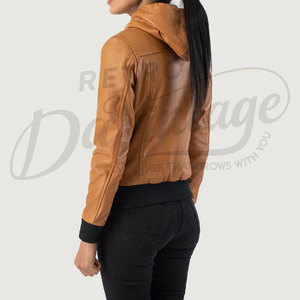 Women Tan Real <b>Leather</b> Hooded Bomber <b>Jacket</b> Black Ribbed Trim Slim Fit Premium Sheepskin Casual Winter Outerwear Fashionable - Product Image 2