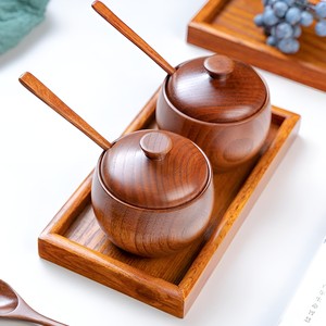 Juegos de cuencos y bandejas de especias de madera natural para condimentos de olla caliente tazas de Salsa tarro de condimentos con Juego de tapa - Product Image 1
