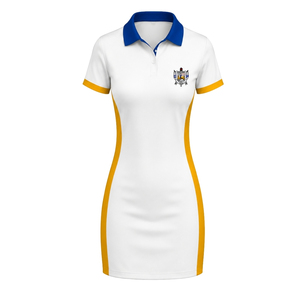 Vestido Polo Blanco y Azul Rey para Mujer, Manga Corta, Cuello en Contraste, Uniforme Deportivo con Puños Dorados en las Mangas y Cuello Redondo en el Pecho - Product Image 1