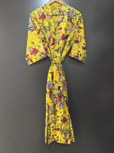 เสื้อคลุมอาบน้ำผ้าฝ้ายเนื้อนุ่มลายดอกไม้สำหรับผู้หญิง แขนยาว ผ้าวาฟเฟิล ยาวระดับเข่า น้ำหนักเบา - Product Image 2