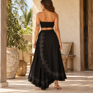 Bohemian <b>Wrap</b> Skirt for Women Black Ethnic Maxi Skirt Adjustable Tie Waist Fringe Hem Casual <b>Beach</b> Festival Wear |Everyday skirt - Product Image 4