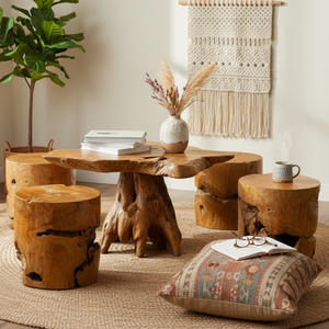 Ensemble de table en teck rustique de luxe avec tabourets en bois naturel, meubles de salon pour la maison, les hôtels, les villas, les cafés, unité ARTERRA - Product Image 4