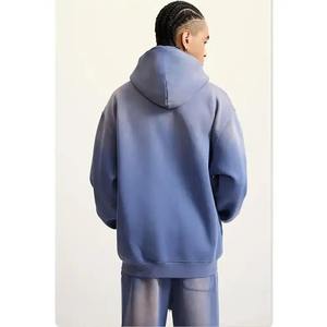 Men's Blue Hooded Tracksuit Full Length Solid Color Casual Loose Fit 100% Cotton Drawstring Pants with Side Pockets - Product Image 4