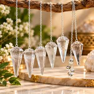 Pendentif en cristal de quartz naturel transparent, poli, à facettes, en forme de cône, avec chaîne, pierre précieuse de haute qualité, gravé Feng Shui pour la maison, vente en gros - Product Image 1