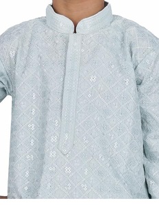 Ensemble Kurta Pyjama Garçon en Rayonne Bleu Clair, Manches Longues, Coupe Classique, Tenue Traditionnelle Ethnique pour Mariage et Fêtes - Product Image 4