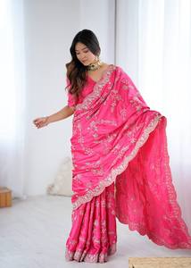 Nouveau sari en soie satinée japonaise de créateur avec broderie de paillettes, prêt à porter - Product Image 3