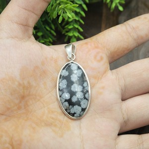 Colgante de Obsidiana Natural con Forma de Copo de Nieve, Plata de Ley 925, Cabujón Ovalado, Collar Chapado en Oro Rosa y Oro Amarillo, Joyería para Mujeres y Hombres - Product Image 5