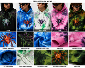 เสื้อฮู้ดดี้ลายสไปเดอร์กราฟิกแบบย้อมสีไทได ขายส่ง สไตล์ Y2K โอเวอร์ไซส์ สตรีทแวร์ ผลิตตามสั่ง (OEM) จากซัพพลายเออร์ในสหรัฐอเมริกา รับผลิตจำนวนมาก เสื้อผ้าสำหรับทุกเพศ - Product Image 3