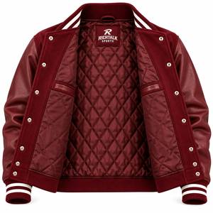 Chaqueta Varsity Marrón para Hombre, con Mangas de Cuero PU, Logotipo Bordado, Cuello Camisero, Corte Regular, Estilo Otoñal - Product Image 4