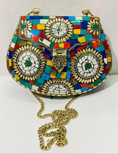 Handmade Ladies Evening <b>Clutch</b> Bags Mother of Pearl Metal Mosaic Kundan Indian Vintage Oval Multicolor Candid Metal Crafts - Product Image 4