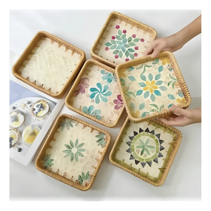 Handmade Rattan <b>Snack</b> <b>Tray</b> with Mother of Pearl Shell Decoration - Product Image 3