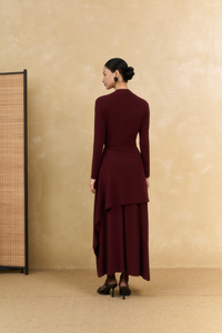 Vestido Midi de Punto Borgoña de Verano con Cuello Alto, Manga Regular, Rayas y Botones, Estilo Minimalista y Sencillo, Tejido Elástico, ODM OEM - Product Image 3