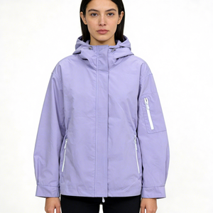 Veste coupe-vent à capuche pour femme, couleur violet clair, fermeture éclair intégrale, fine, respirante, tissée, décontractée, pour le printemps et le quotidien - Product Image 1