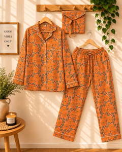 Ensemble de pyjama décontracté pour femme en coton tricoté 100 % respirant à motif floral, bordure festonnée, doux et confortable pour l'automne, avec logo frontal, coupe classique - Product Image 3
