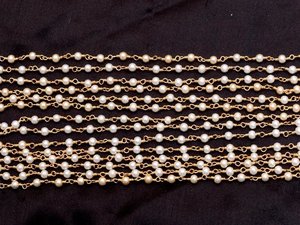 Chaîne de chapelet hydro-plaquée or avec perles, 3-3,5 mm, perles blanches, chaîne enroulée de fil pour la fabrication de bijoux - Product Image 6