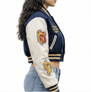 Custom Women's Cropped Varsity <b>Jacket</b> Embroidered Patchwork Sleeves Cotton Filling Windproof <b>Waterproof</b> OEM ODM Manufacturer - Product Image 3