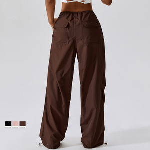 Pantalones Cargo Marrones para Mujer, Cintura Alta, Cordón Ajustable, Corte Holgado, Largos, Color Sólido, 100% Poliéster, Estilo Casual Otoñal - Product Image 2