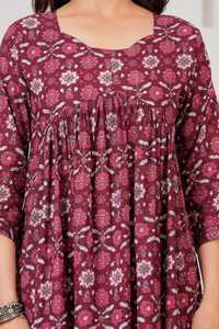 Maroon Floral Print Cotton <b>Three</b> Quarter Sleeve Casual Fit Flare Midi Dress with Maternity Feeding Gown for Daily Wear - Product Image 6