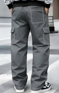 Pantalones Cargo Grises para Hombre, Cintura Elástica con Cordón, Múltiples Bolsillos, Estilo Casual, Tela de Poliéster de Peso Medio, Ropa de Invierno - Product Image 2