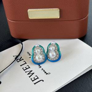 Boucles d'oreilles en argent pur avec perles d'eau douce micro-incrustées, style rétro, gourde bleue glacier Fu Lu Shuangquan - Product Image 2