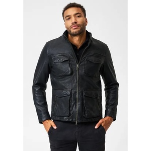 Veste Homme Slim Fit 100% Cuir de Mouton Véritable, Style Motard Vintage, Cuir Ciré Grainé, Col Montant, Quatre Poches - Product Image 1