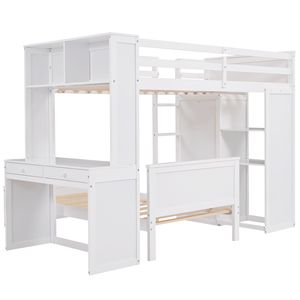 Letto a soppalco bianco singolo con librerie indipendenti e scrivania, armadio per bambini incluso - Product Image 6