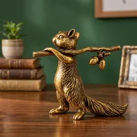 Statue d'écureuil en laiton artisanale avec branche d'arbre et gland, figurine d'animal détaillée, finition or antique, métal, faune sauvage