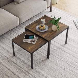 Juego Moderno de 2 Mesas Auxiliares Cuadradas Encajables con Acabado Marrón Desgastado y Patas Negras Resistentes para Sala de Estar de Apartamento - Product Image 2
