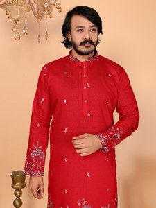Ensemble Kurta Pyjama en Lin et Coton Durable avec Broderie et Sequins, Tenue Ethnique pour Hommes, Idéal pour Mariages, Festivals et Soirées - Product Image 6