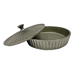 Elegant Round Fluted Metal Trinket <b>Box</b> with Sunburst Textured Lid Decorative Silver Finish <b>Keepsake</b> Organizer for Home Decor - Product Image 2