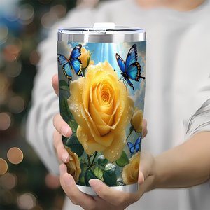 Gobelet isotherme en acier inoxydable de 20 oz à double paroi avec motif de rose jaune et de papillon, tasse portable pour le sport et les activités de plein air - Product Image 2