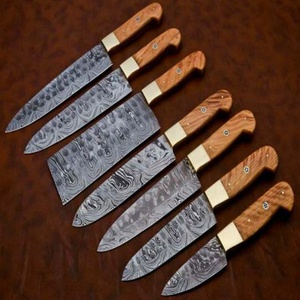 Custom Handmade Seven-Piece Chef <b>Set</b> Straight Edge <b>Sharp</b> Blades Damascus Steel Ambidextrous Wood Handle Leather Sheaths - Product Image 1