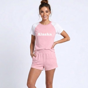 Florida Printed Women's 2 Piece Shorts Set Brown White Raglan T-Shirt Casual Summer Outfit Crew Neck Regular Fit - Product Image 2