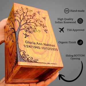 Boîte rectangulaire en bois massif faite à la main, sculptée avec un arbre de vie gravé, urne commémorative, décoration de table - Product Image 5