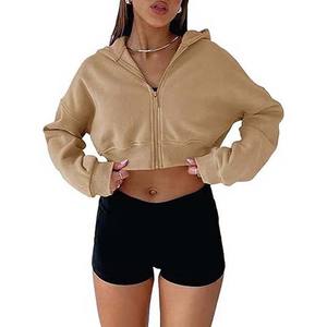 เสื้อฮู้ดครอปสตรีทแวร์สำหรับผู้หญิง แขนยาว ซิป ผ้าคอตตอนผสม นุ่มสบาย แฟชั่น เสื้อครอปทรงหลวม ใส่สบาย เหมาะสำหรับออกกำลังกาย - Product Image 1