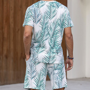 Ensemble chemise et short pour homme, imprimé palmiers tropicaux, tenue décontractée d'été, short en coton tricoté respirant, t-shirt assorti, taille XL - Product Image 6