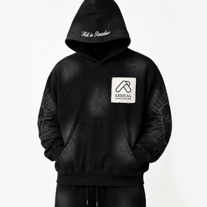 Sweat à capuche zippé ou pull oversize en molleton 100% coton, style streetwear, délavé vintage, effet usé, avec logo frontal, couleur unie, grammage lourd - Product Image 3