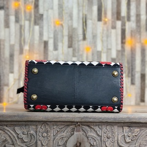 New <b>Top</b> Selling Personalized Black White <b>Checkered</b> Genuine Leather Cherry Design Women Fashion Weekender Duffle High Quality - Product Image 3