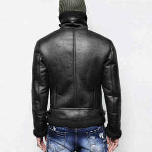 Blouson bomber en cuir véritable marron pour homme, doublé en sherpa, fermeture éclair, vêtement d'extérieur d'hiver, style moto décontracté - Product Image 6