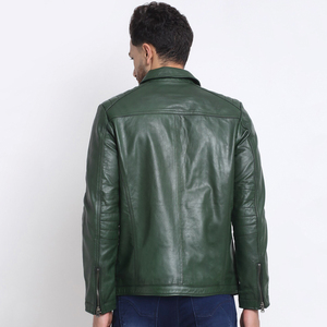 Chaqueta de Motociclista de Cuero Vacuno Verde para Hombre, Cuello Camisero, Cierre de Cremallera, Manga Regular, Estilo Biker Otoñal, Color Sólido, Corte Ajustado - Product Image 2