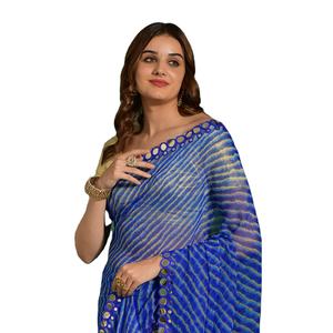 Sari traditionnel indien en mousseline avec magnifique imprimé Leheriya, véritable travail de miroir, toujours tendance pour les femmes, Fabzone - Vêtement de fête - Product Image 1