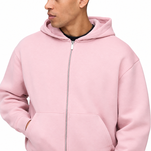 <b>Pink</b> Hooded Fleece Zip-Up <b>Sweatshirt</b> Solid Color Regular Fit Casual Autumn Style 100% Cotton Knitted Fabric - Product Image 4