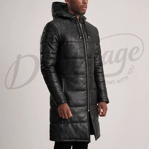 Manteau long matelassé en cuir véritable noir pour homme, veste d'hiver chaude à capuche, parka en peau de mouton résistante pour homme - Product Image 4