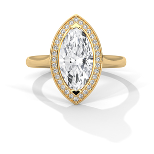 Anillo de oro amarillo de 14 quilates con diamantes cultivados en laboratorio, diseño minimalista con diamantes pavé laterales y diamante de corte marquesa en el lado frontal. - Product Image 1