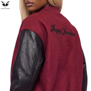 Chaqueta Varsity para Mujer Hecha a Mano 2026, Mangas de Cuero PU Color Granate, Bordado 'Happy Freedom' en la Espalda, para Otoño, Corte Regular - Product Image 5