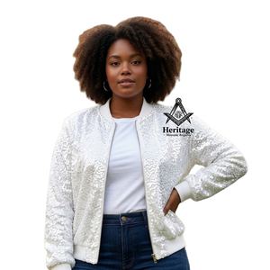 Heritage Masonic Regalia Women Luxury White <b>Sequin</b> Varsity <b>Jacket</b> Embroidered Bomber <b>Jacket</b> Zip Up Streetwear Greek Apparel - Product Image 1
