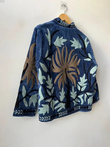 Cotton Velvet Suzani Embroidery Floral Pattern <b>Bomber</b> <b>Jacket</b> Handmade Bohemian <b>Vintage</b> Reversible Short Autumn Winter - Product Image 3