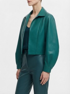 Chaqueta Corta de Piel Sintética Color Verde Azulado para Mujer, con Cuello Solapa, Manga Abullonada, Estilo Casual Urbano, Venta al por Mayor, con Perlas - Product Image 2